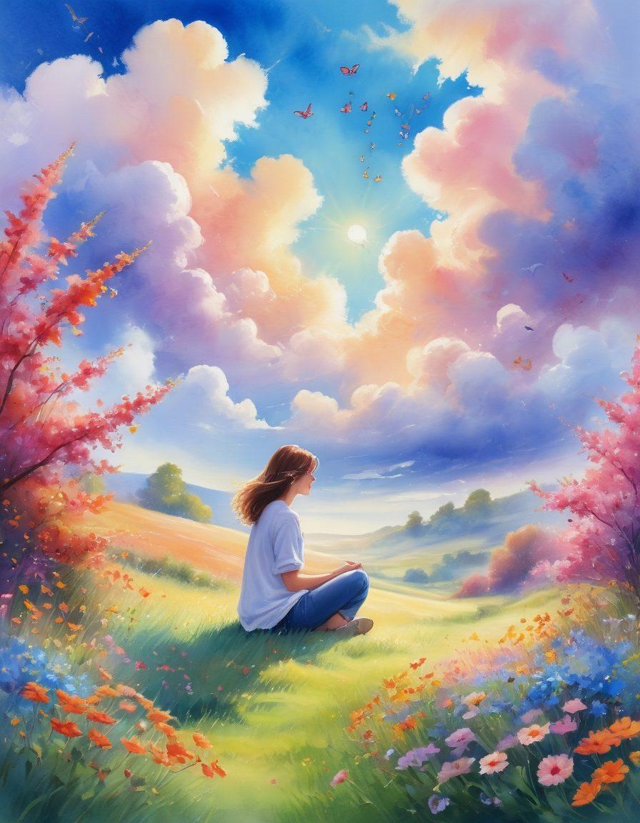 A serene landscape featuring a sunlit meadow filled with colorful flowers in full bloom, a gentle breeze rustling through the grass. In the foreground, a person sitting cross-legged with a joyful expression, surrounded by glowing butterflies symbolizing positive thoughts. Soft clouds float above against a vibrant blue sky, capturing the essence of a cheerful mindset. watercolor painting. bright and cheerful colors.