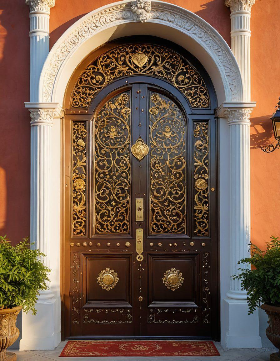 A golden key unlocking a large, ornate door with symbols of wealth and happiness such as coins, hearts, and plants growing abundantly around it. The background should hint at a bright horizon with rays of sunlight shining through, symbolizing hope and prosperity. Vibrant colors, warm tones, and a whimsical, uplifting atmosphere. super-realistic. vibrant colors.