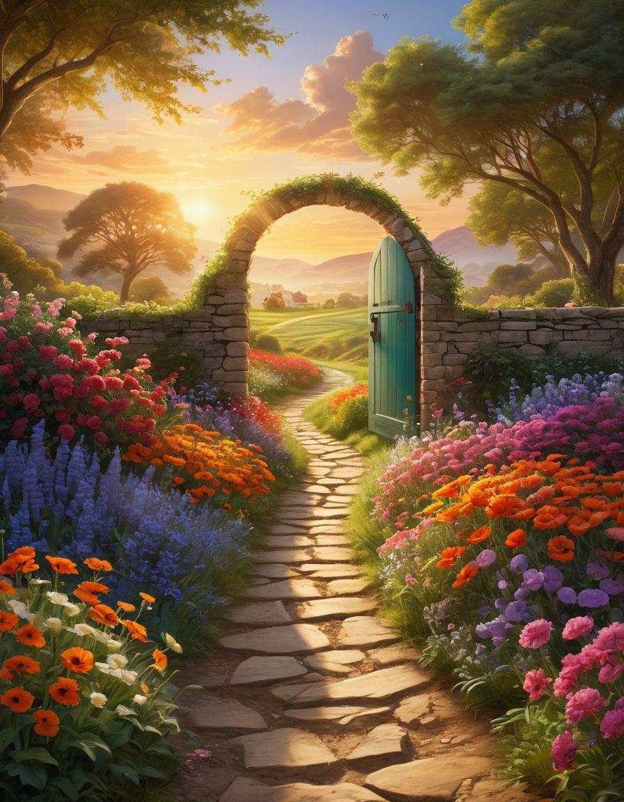 A serene landscape featuring a sun rising over lush, vibrant fields with blooming flowers symbolizing abundance. A winding path leads towards a distant, glowing door that represents unlocking joy and opportunities. In the foreground, a diverse group of joyful people are celebrating together, showcasing connection and happiness. Stylized with bright colors and a dreamy, ethereal atmosphere. super-realistic. vibrant colors. warm lighting.